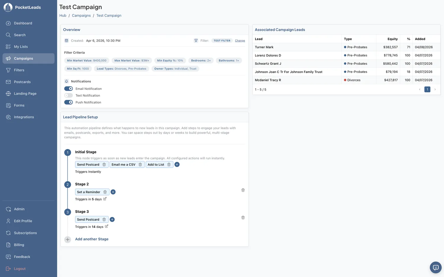 PocketLeads campaign automation builder with multi-step drip sequence and targeting rules